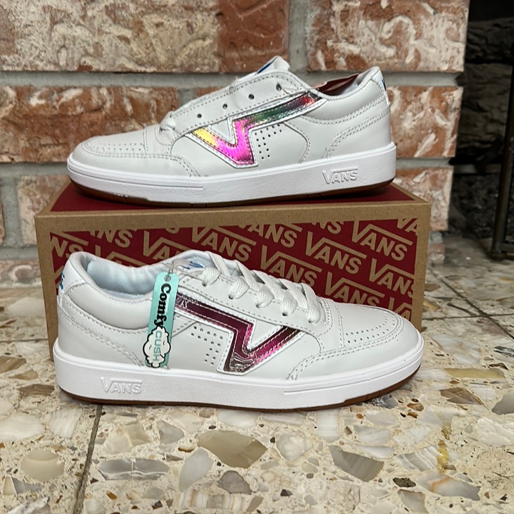 Vans woman’s Lowland true white rainbow iridescent logo comfy Cush